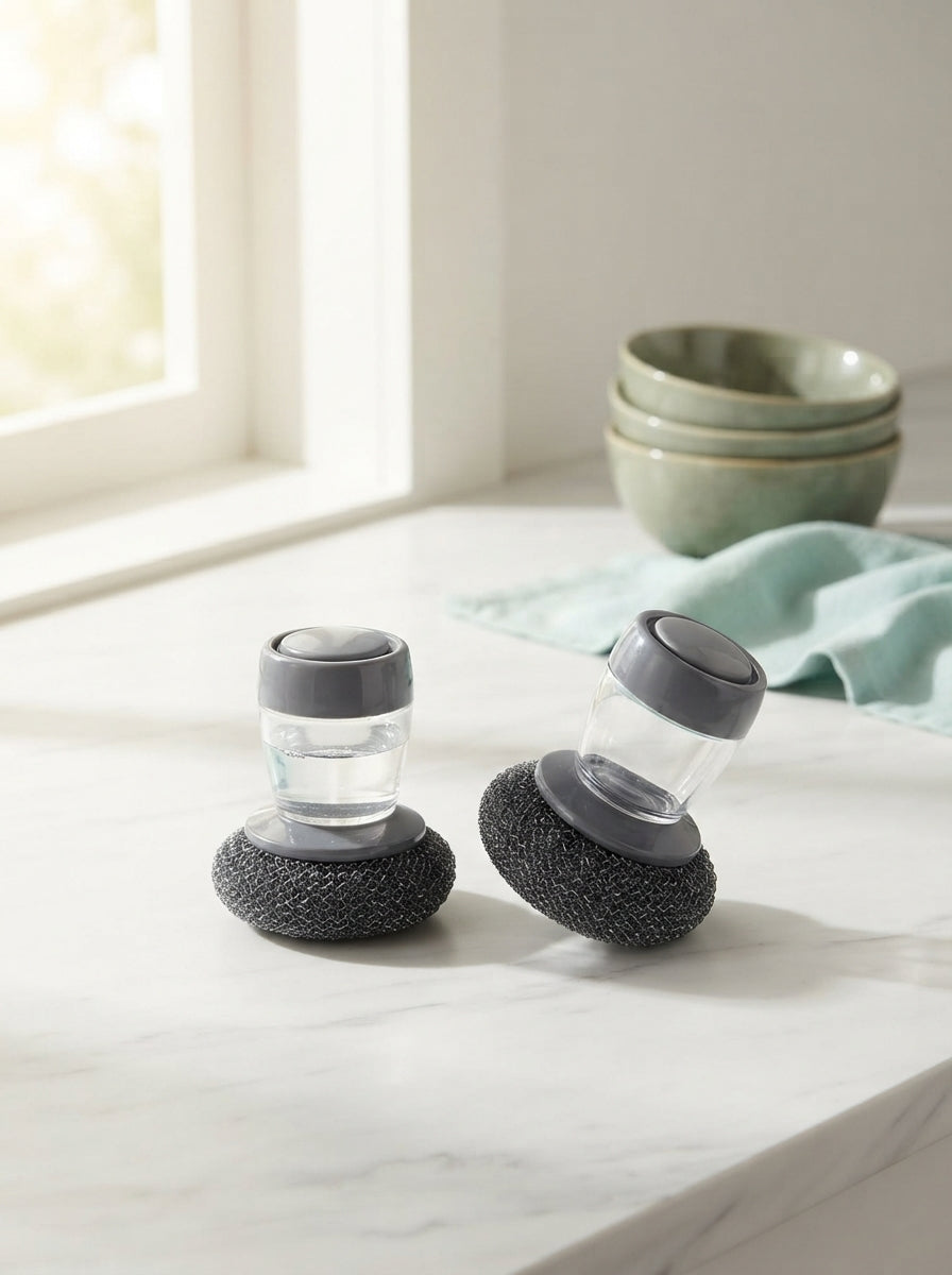 Two 2-in-1 liquid soap dispensing brushes placed on a marble surface with sage green and aqua kitchen accessories.